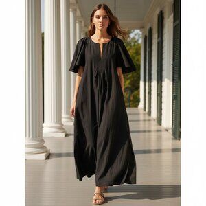 Pomander Place Finley Flutter Sleeve Cotton Boxy Maxi Dress Black NWT Size L